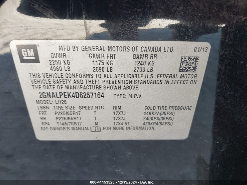 VIN 2GNALPEK4D6257164 2013 Chevrolet Equinox, 2LT no.9