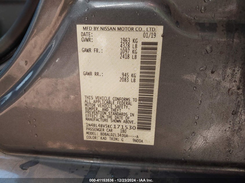 2019 NISSAN ALTIMA VIN: 1N4BL4BV5KC171530