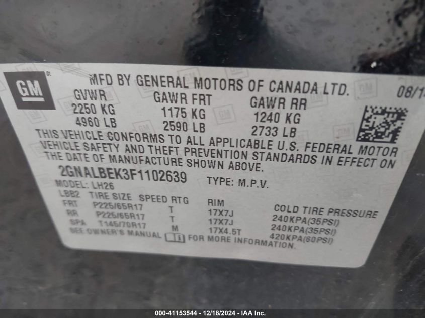 VIN 2GNALBEK3F1102639 2015 Chevrolet Equinox, 1LT no.9