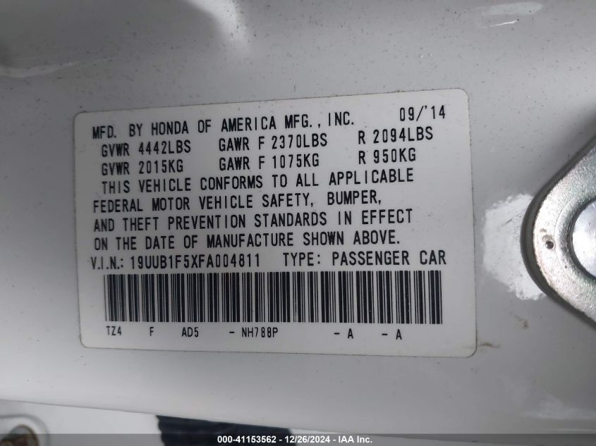 2015 Acura Tlx Tech VIN: 19UUB1F5XFA004811 Lot: 41153562