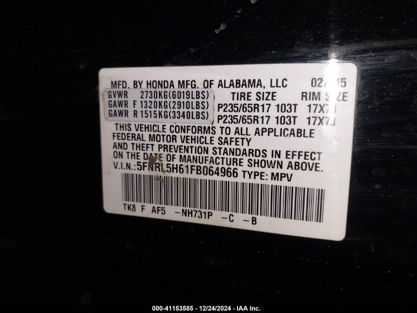 VIN 5FNRL5H61FB064966 2015 Honda Odyssey, Ex-L no.9