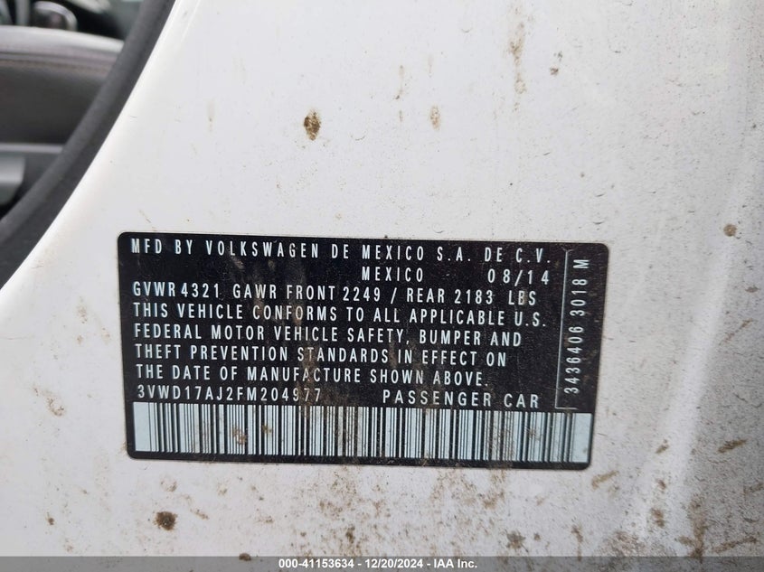 2015 VOLKSWAGEN JETTA VIN: 3VWD17AJ2FM204977