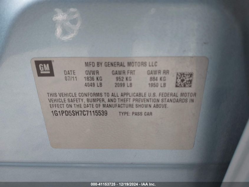 2012 Chevrolet Cruze Ls VIN: 1G1PD5SH7C7115539 Lot: 41153725