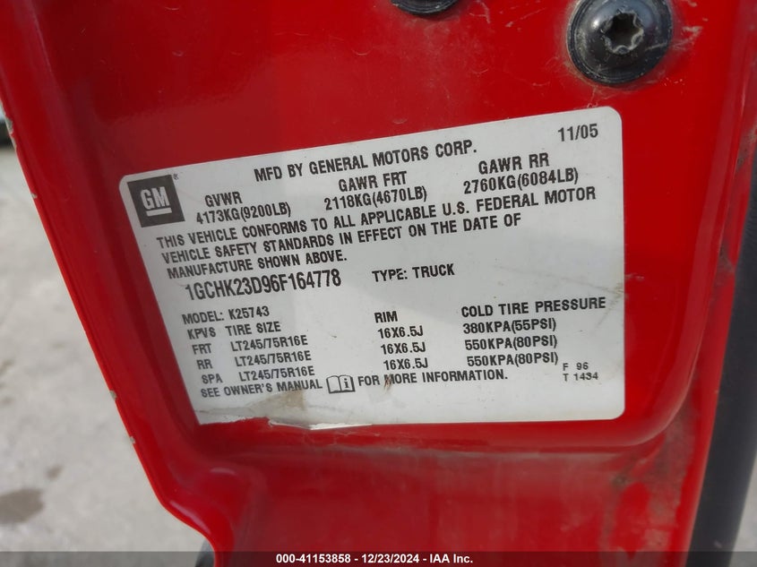 2006 CHEVROLET SILVERADO 2500HD VIN: 1GCHK23D96F164778