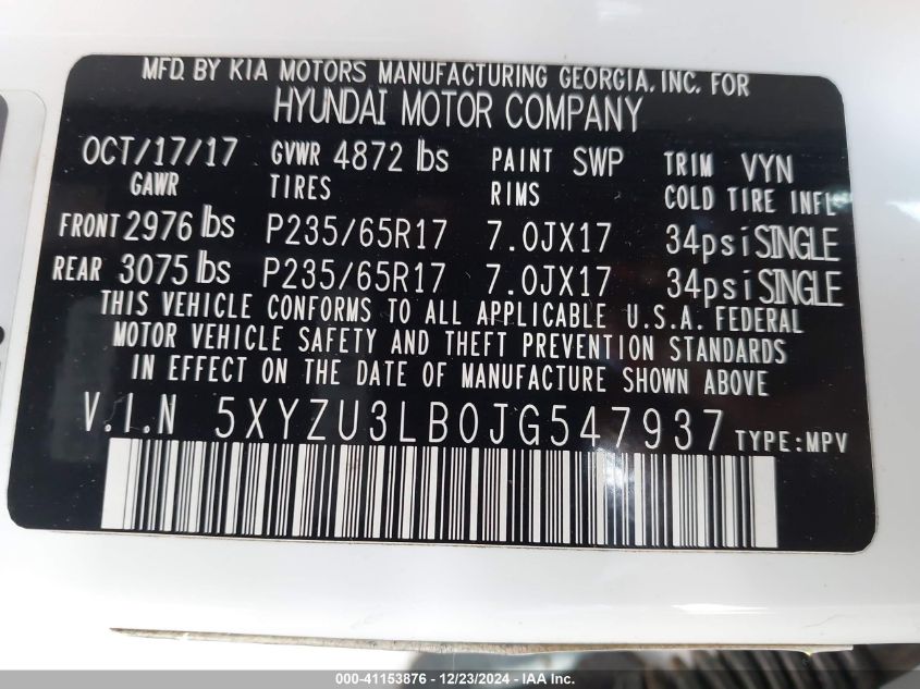 VIN 5XYZU3LB0JG547937 2018 HYUNDAI SANTA FE SPORT no.9