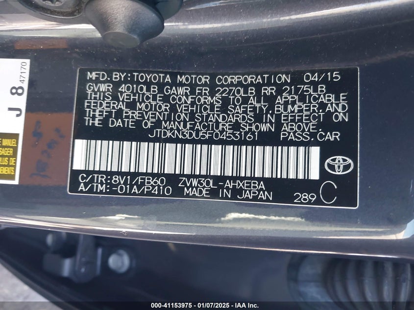 2015 TOYOTA PRIUS VIN: JTDKN3DU5F0453161