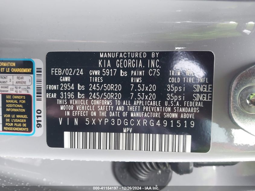 2024 Kia Telluride Ex X-Line VIN: 5XYP3DGCXRG491519 Lot: 41154197