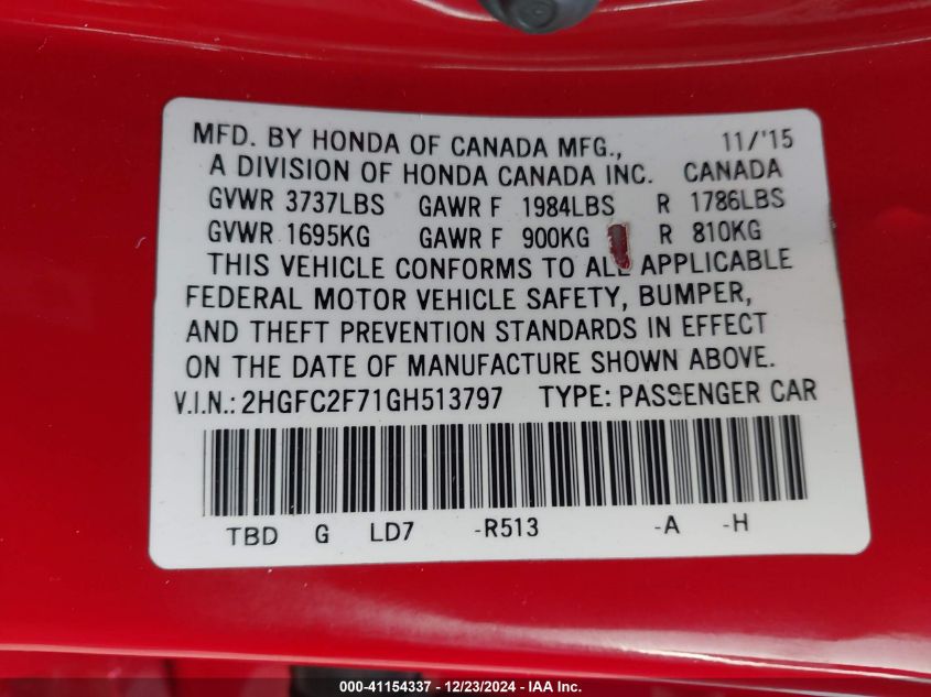 VIN 2HGFC2F71GH513797 2016 Honda Civic, EX no.9