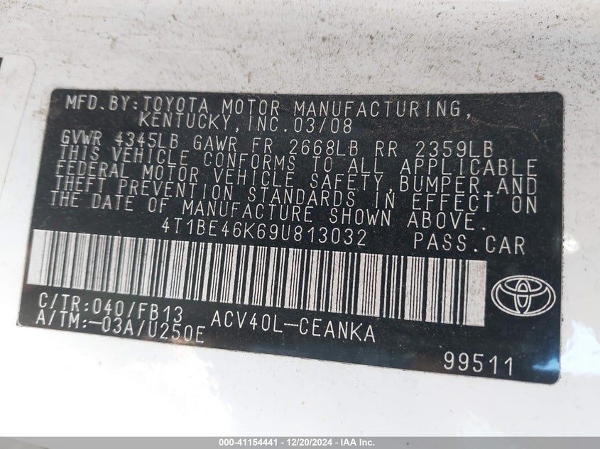 2009 TOYOTA CAMRY VIN: 4T1BE46K69U813032
