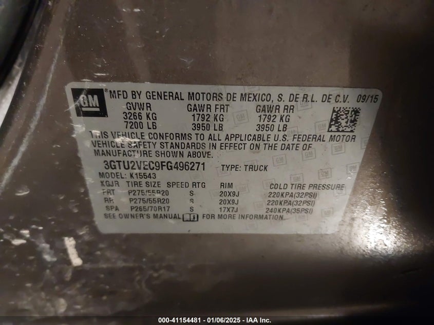 2015 GMC SIERRA 1500 VIN: 3GTU2VEC9FG496271