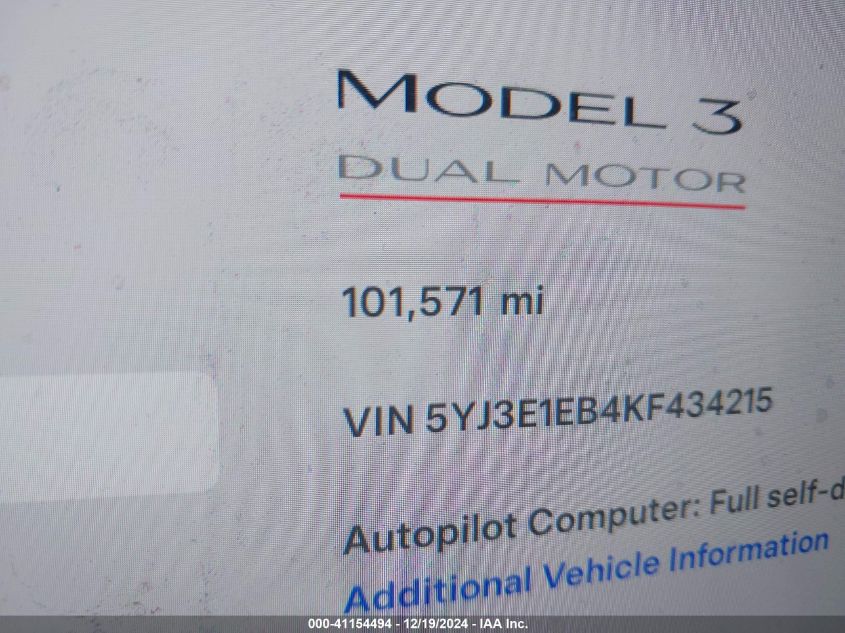 2019 Tesla Model 3 Long Range/Performance VIN: 5YJ3E1EB4KF434215 Lot: 41154494