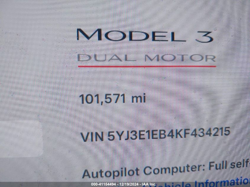 2019 Tesla Model 3 Long Range/Performance VIN: 5YJ3E1EB4KF434215 Lot: 41154494