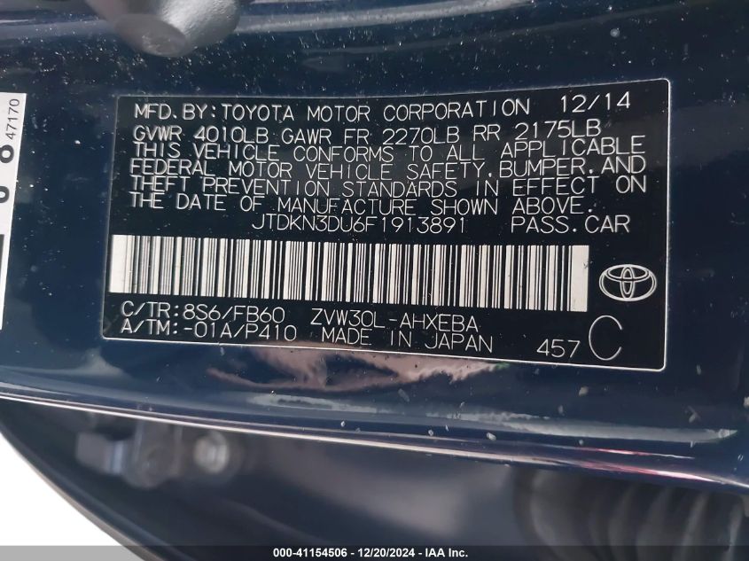 VIN JTDKN3DU6F1913891 2015 Toyota Prius, Two no.9