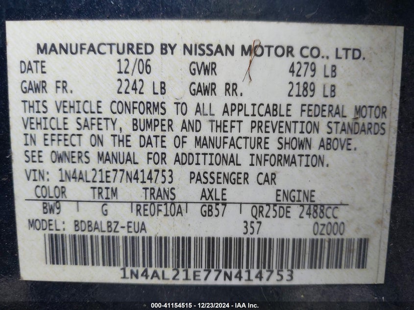 2007 NISSAN ALTIMA VIN: 1N4AL21E77N414753