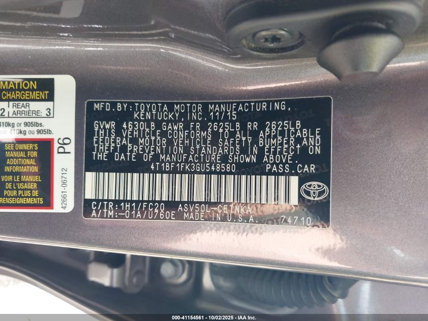 2016 Toyota Camry Le/Xle/Se/Xse VIN: 4T1BF1FK3GU548580 Lot: 41154561