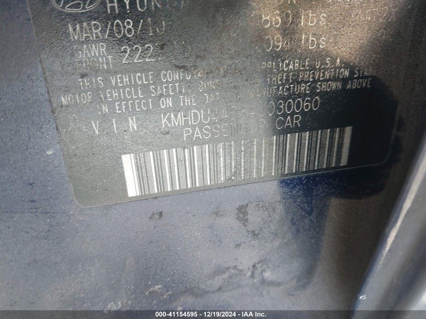 2010 HYUNDAI ELANTRA VIN: KMHDU4AD6AU030060