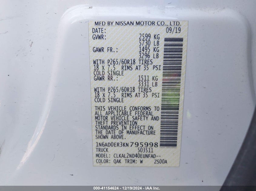 2019 NISSAN FRONTIER SV - 1N6AD0ER3KN795998