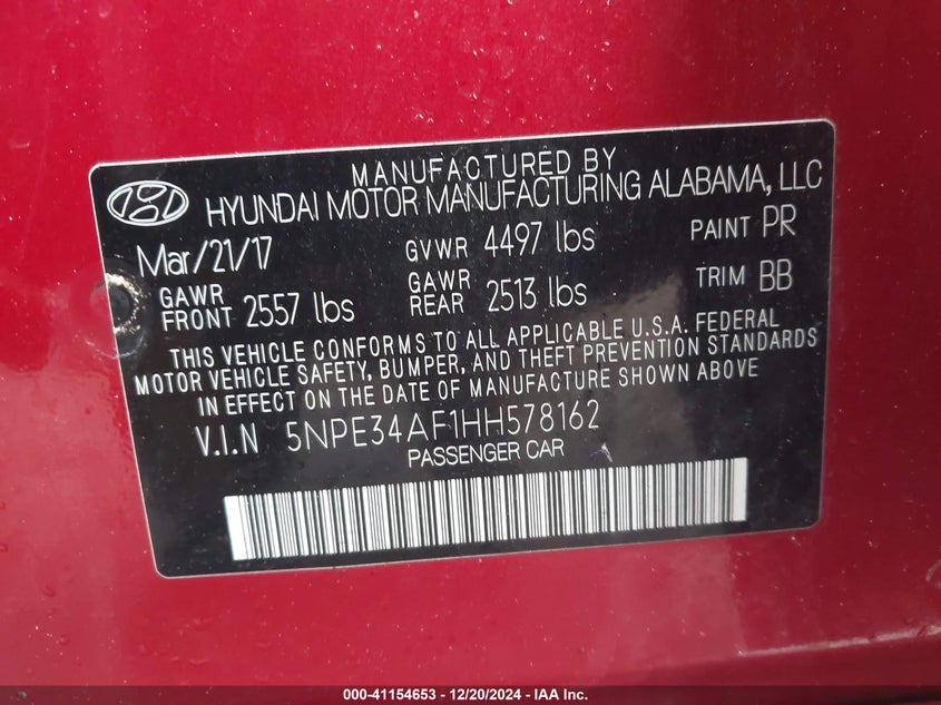 2017 HYUNDAI SONATA VIN: 5NPE34AF1HH578162