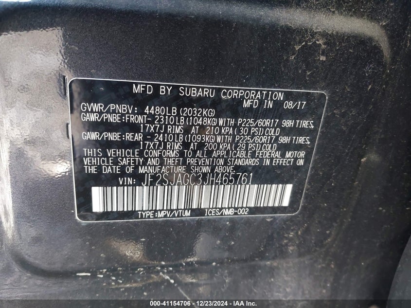 2018 SUBARU FORESTER VIN: JF2SJAGC3JH465761