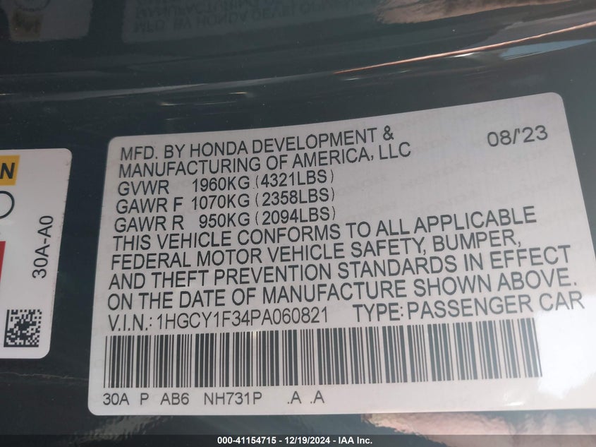 2023 HONDA ACCORD VIN: 1HGCY1F34PA060821