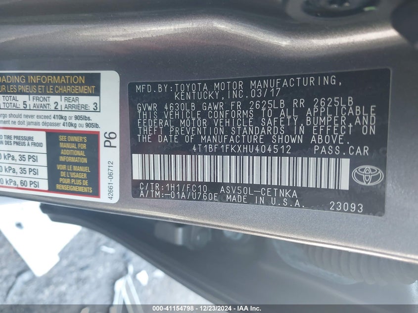 2017 TOYOTA CAMRY VIN: 4T1BF1FKXHU404512