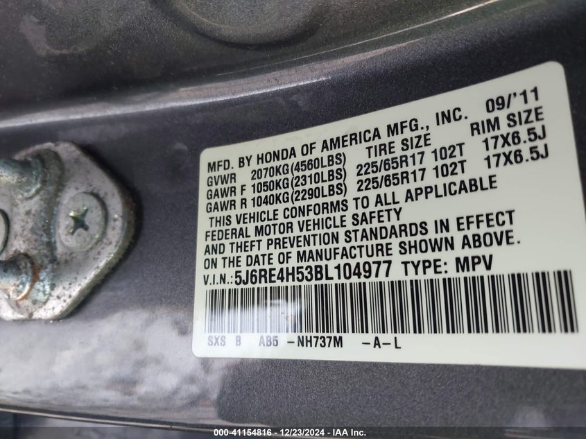 2011 HONDA CR-V VIN: 5J6RE4H53BL104977