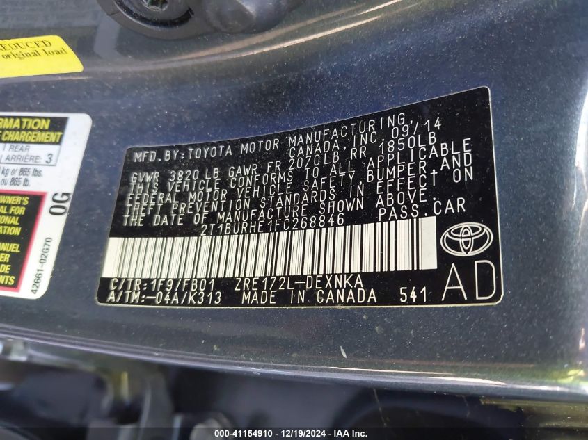 VIN 2T1BURHE1FC268846 2015 TOYOTA COROLLA no.9