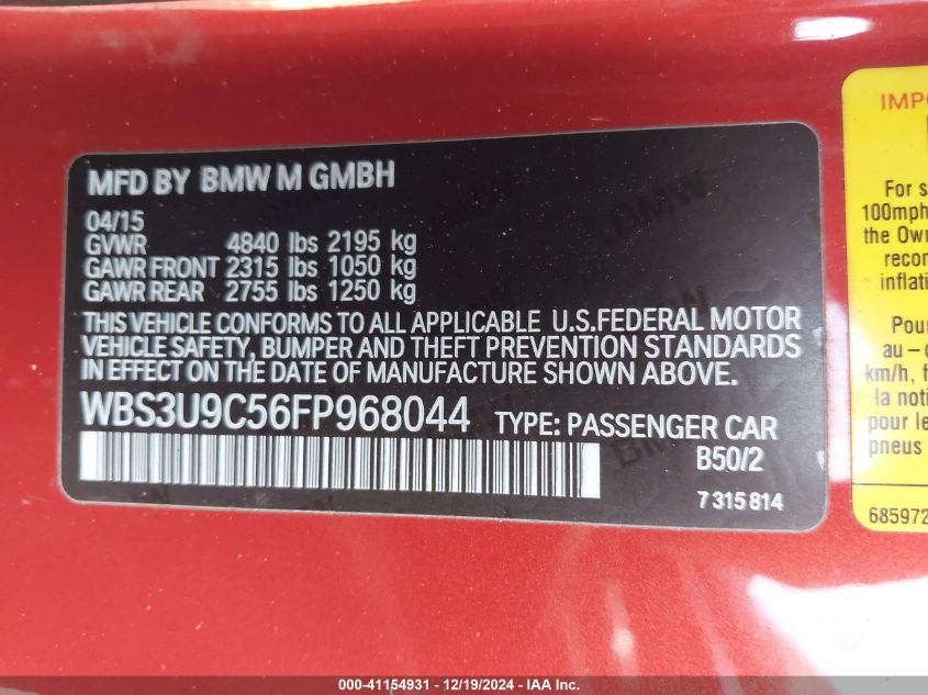 VIN WBS3U9C56FP968044 2015 BMW M4 no.9