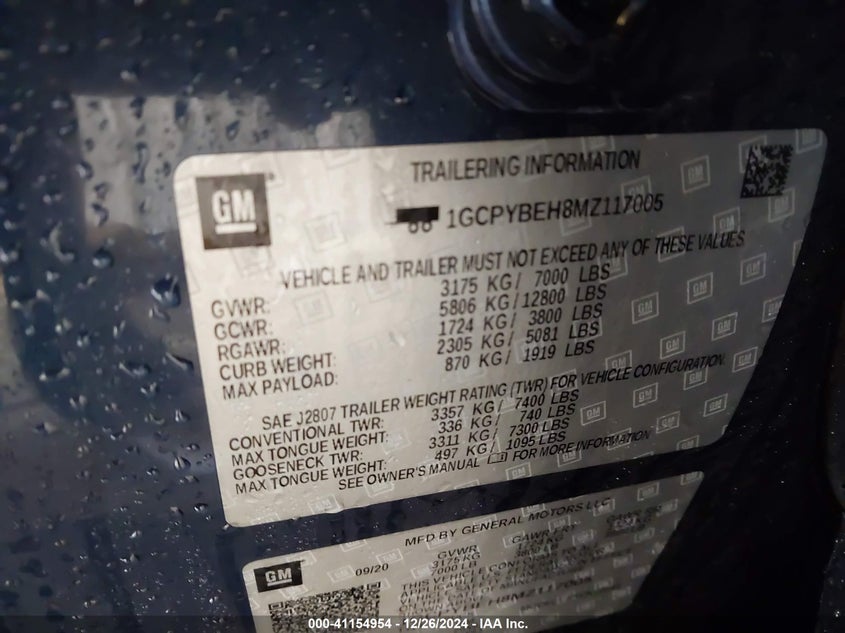 2021 CHEVROLET SILVERADO 1500 VIN: 1GCPYBEH8MZ117005