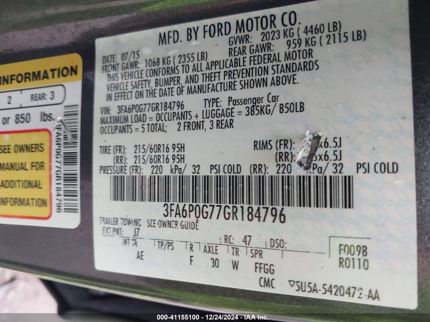 2016 FORD FUSION VIN: 3FA6P0G77GR184796