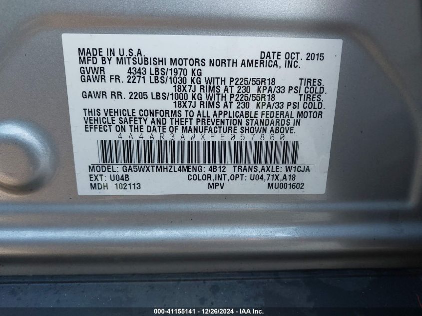 VIN 4A4AR3AWXFE057860 2015 Mitsubishi Outlander, Sp... no.9