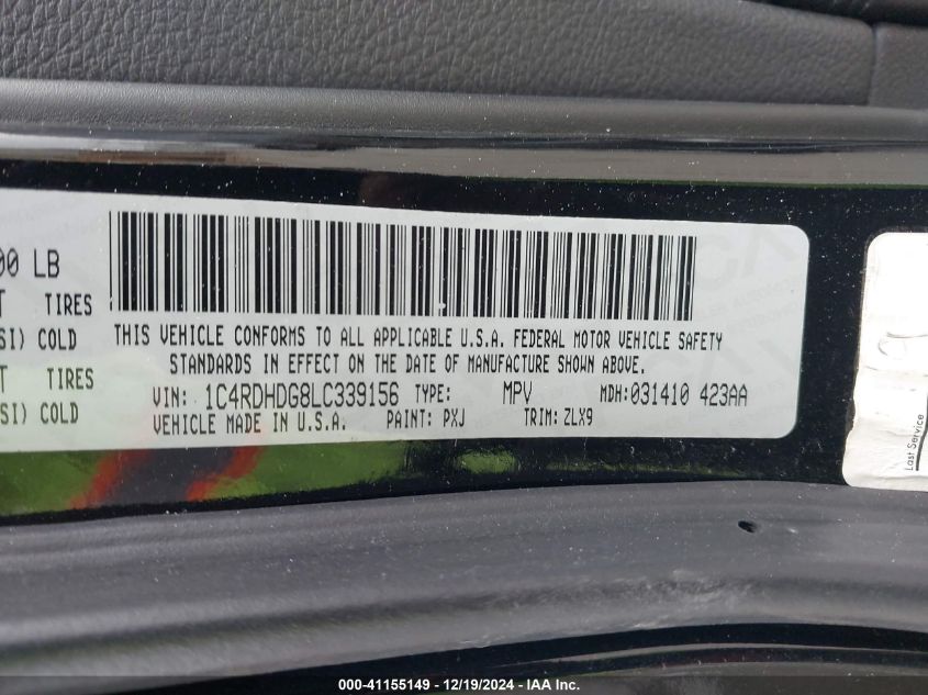 2020 Dodge Durango Gt Plus Rwd VIN: 1C4RDHDG8LC339156 Lot: 41155149