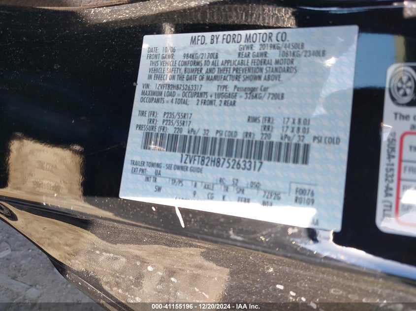 2007 FORD MUSTANG VIN: 1ZVFT82H875263317