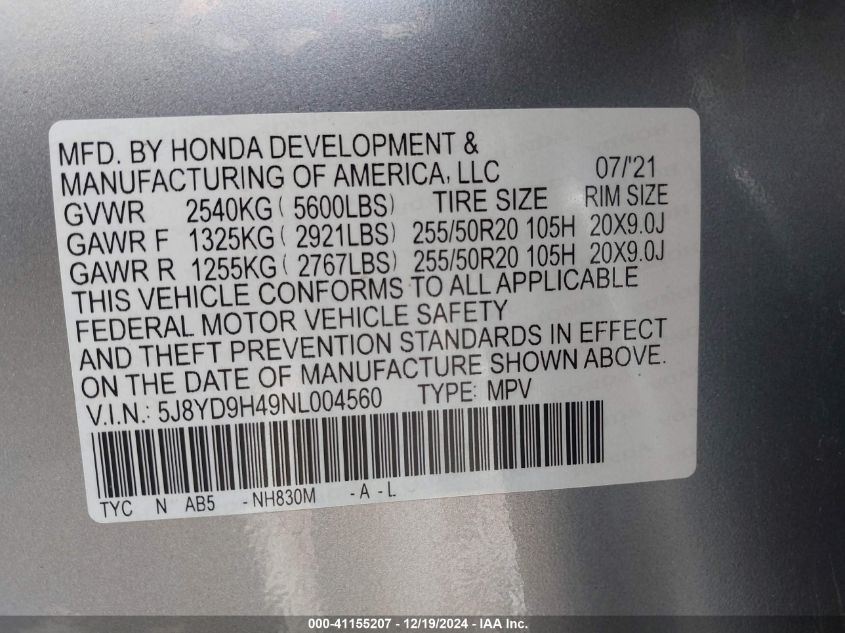 VIN 5J8YD9H49NL004560 2022 ACURA MDX no.9