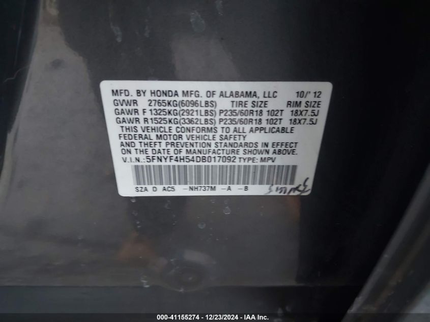 VIN 5FNYF4H54DB017092 2013 Honda Pilot, Ex-L no.9