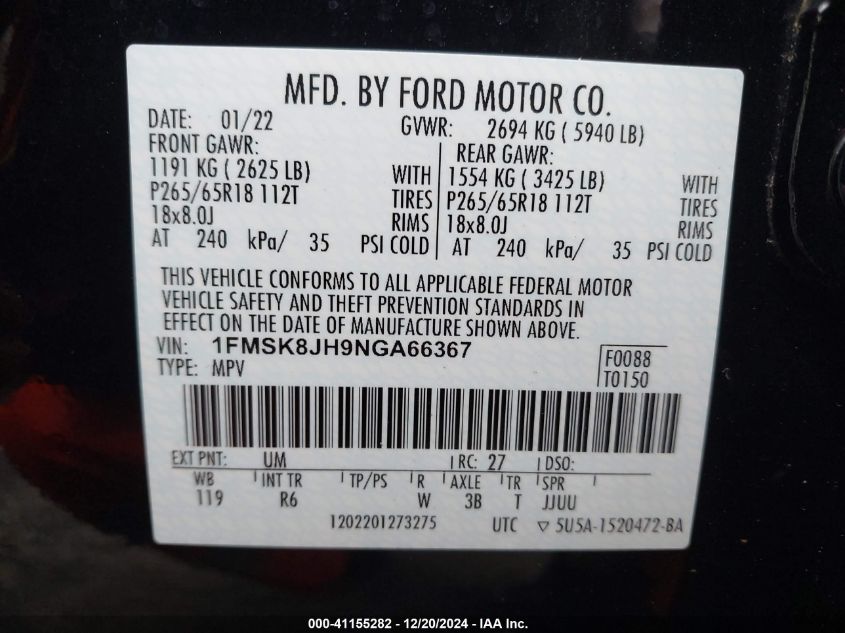 2022 Ford Explorer Timberline VIN: 1FMSK8JH9NGA66367 Lot: 41155282