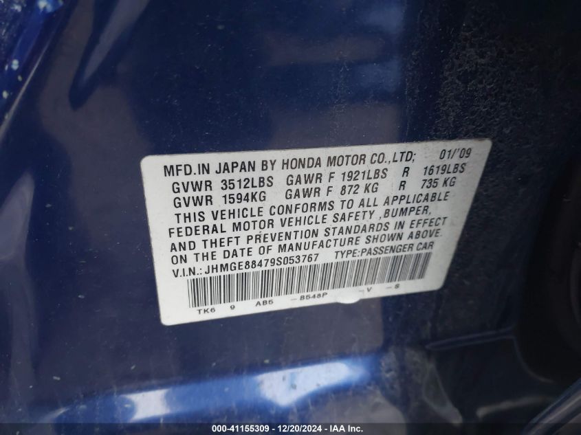 2009 Honda Fit Sport VIN: JHMGE88479S053767 Lot: 41155309