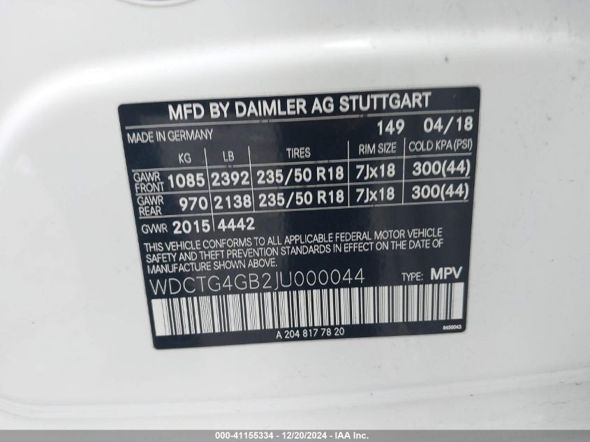 VIN WDCTG4GB2JU000044 2018 Mercedes-Benz GLA 250, 4... no.9