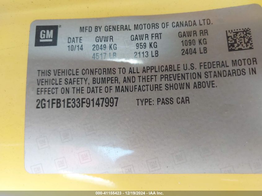 2015 CHEVROLET CAMARO VIN: 2G1FB1E33F9147997