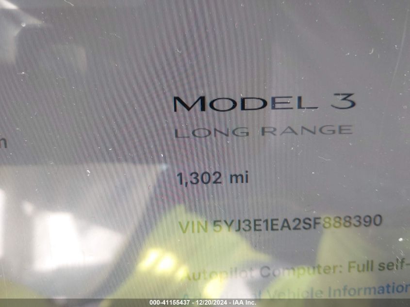 2025 Tesla Model 3 Long Range Rear-Wheel Drive VIN: 5YJ3E1EA2SF888390 Lot: 41155437