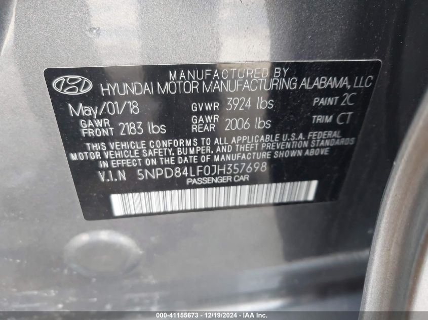 VIN 5NPD84LF0JH357698 2018 Hyundai Elantra, Value E... no.9