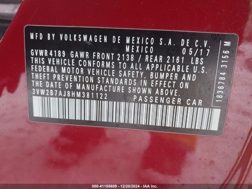 2017 VOLKSWAGEN JETTA S - 3VW2B7AJ8HM381122