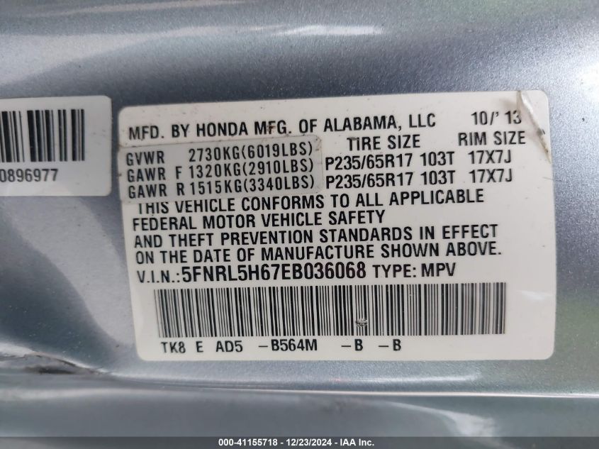 VIN 5FNRL5H67EB036068 2014 Honda Odyssey, Ex-L no.9