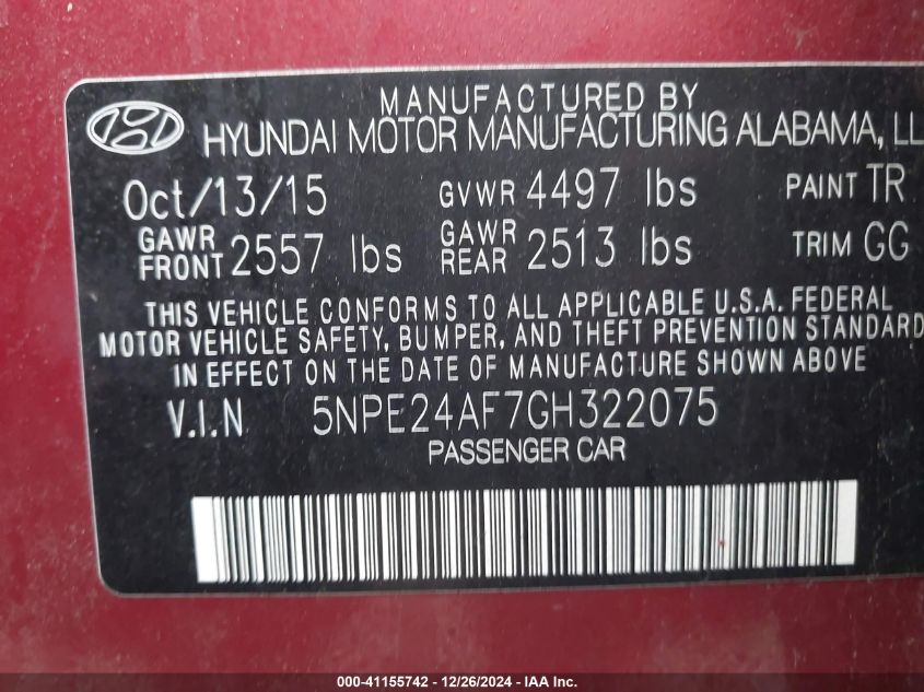 VIN 5NPE24AF7GH322075 2016 HYUNDAI SONATA no.9