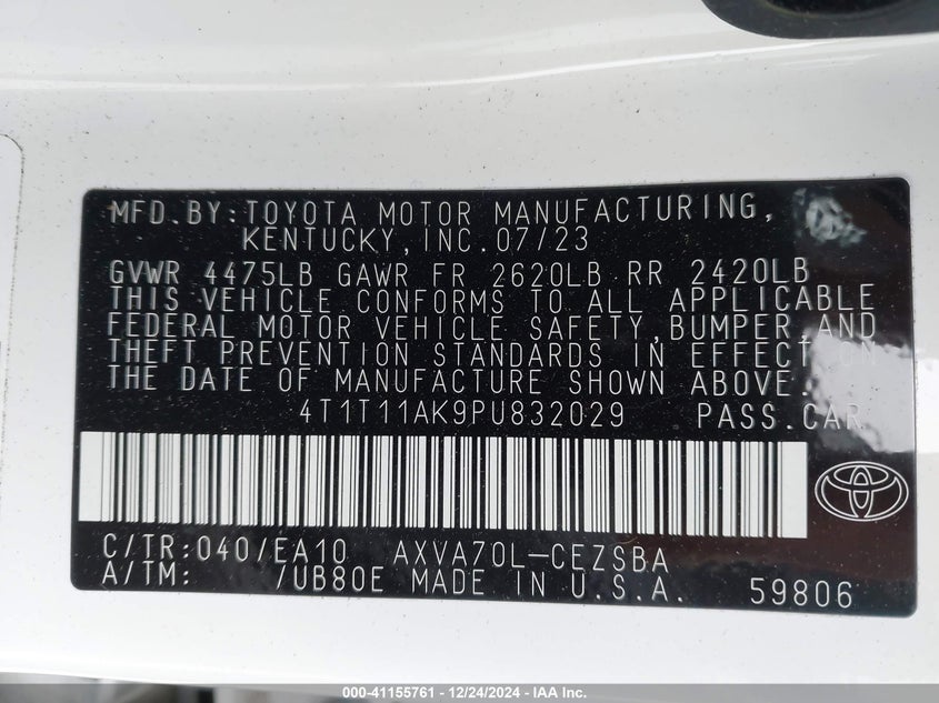 2023 TOYOTA CAMRY VIN: 4T1T11AK9PU832029