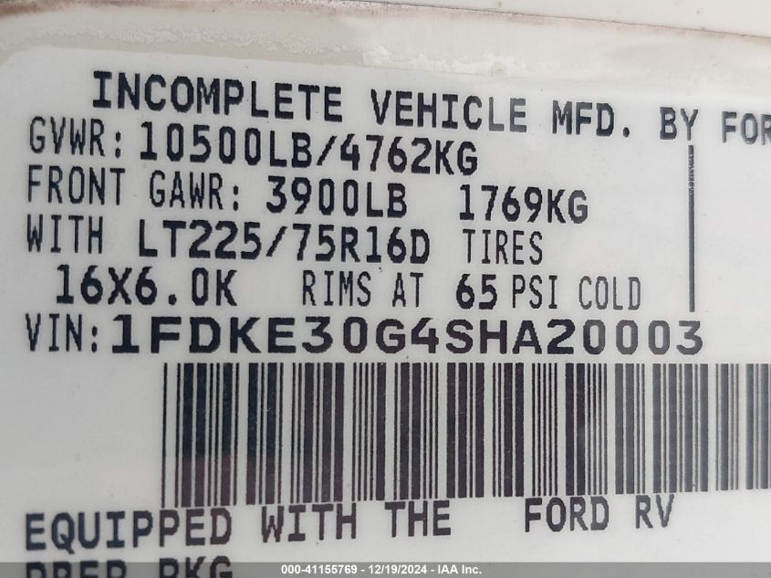 1995 Ford Econoline E350 Cutaway Van VIN: 1FDKE30G4SHA20003 Lot: 41155769