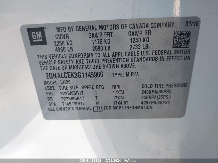 VIN 2GNALCEK3G1145966 2016 Chevrolet Equinox, LT no.9