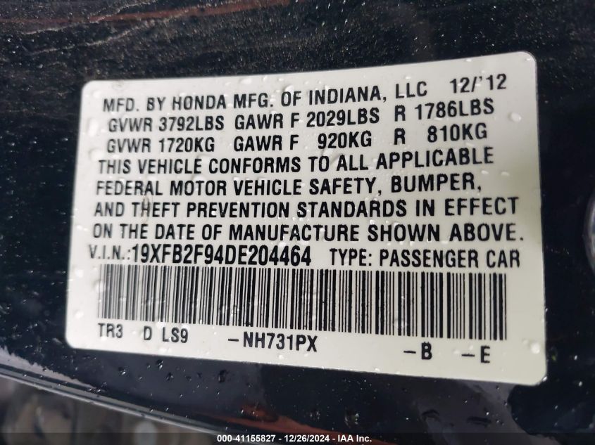 VIN 19XFB2F94DE204464 2013 Honda Civic, Ex-L no.9