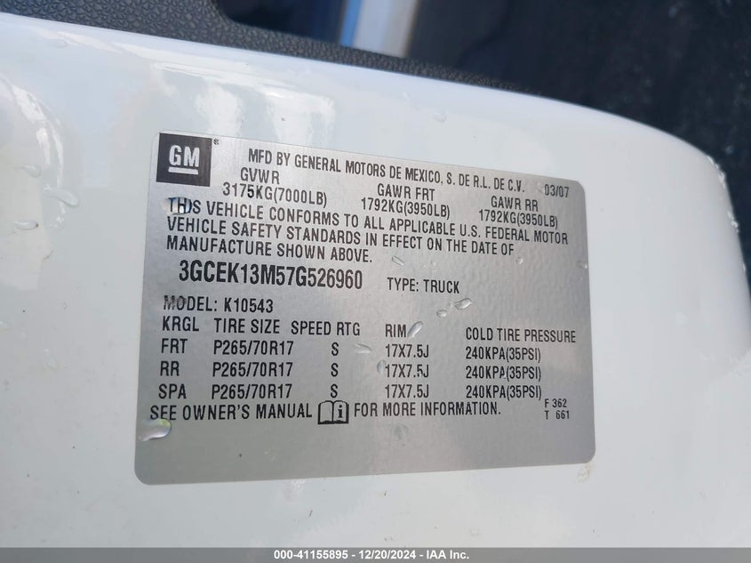 2007 CHEVROLET SILVERADO 1500 VIN: 3GCEK13M57G526960