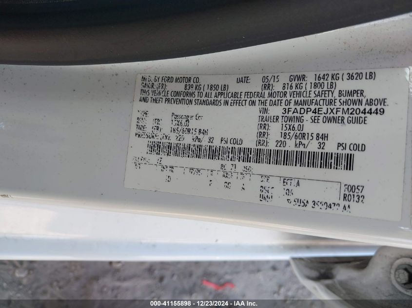 VIN 3FADP4EJXFM204449 2015 Ford Fiesta, SE no.9